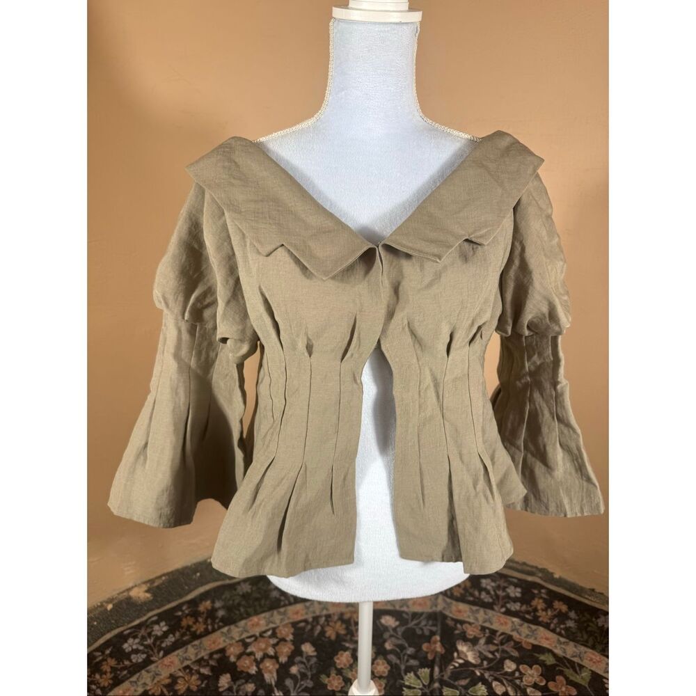 Solitaire Los Angeles Khaki/Sage Green Pleated Linen-Look Jacket | Wide Collar | - Picture 1 of 6